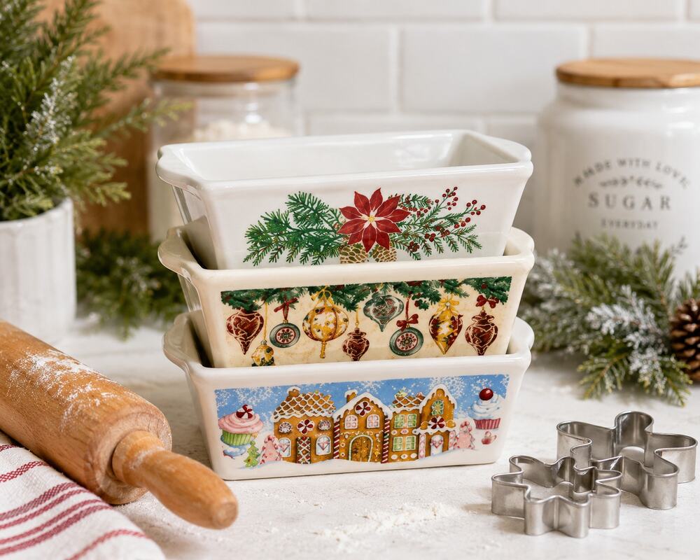Nantucket Holiday Mini Loaf Baking Dishes Set of 3 Christmas Ramekins